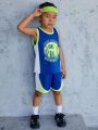 SHEIN Kids SPRTY Young Boy'S Matching Sports Round Neck Color Block Vest And Shorts Set