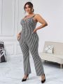 SHEIN Privé Plus Size Women'S Houndstooth Overall Jumpsuit With Spaghetti Strap