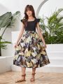 Teen Girl's Elegant Long Tropical Plant Printed Dress
