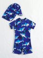 Baby Boy Shark Print One Piece Swimsuit With Hat