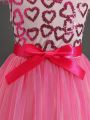 Tween Girls' Love Heart Sequin Patchwork Mesh Belt Formal Dress