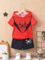 Baby Boys' Spider Printed Short Sleeve Hooded T-Shirt And Shorts Set