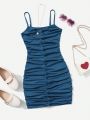 SHEIN Teen Girl Knitted Solid Color Ruffle Romantic Cami Dress