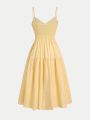 SHEIN Teen Girl's Sweet Bowknot Decor Waistline Empire Royal Style Vacation Mid-Length Strap Dress