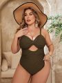 SHEIN Swim Basics Plus Size Women's Solid Color Button Front Cut Out One-Piece Cami Swimsuit With Hollow Out