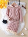 SHEIN Kids EVRYDAY Little Girls' Casual Collared Long Sleeve Sweater And Knit Skirt Set