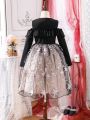 SHEIN Kids EVRYDAY Tween Girls' Formal Dress With Mesh Splice And Cold Shoulder Design