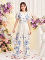 SHEIN Teen Girls' Floral Printed Puff Sleeve Knit Round-Neck Wide-Leg Jumpsuit