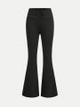 SHEIN Teen Girls' Knitted Solid Color Folded Wide-leg Pants With Slit Hem And Pleated Design
