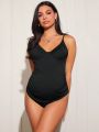 SHEIN Maternity Solid Color Pleated One-piece Swimsuit