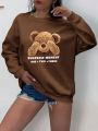 SHEIN LUNE Plus Bear And Slogan Graphic Drop Shoulder Thermal Lined Sweatshirt