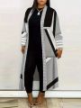 Plus Size Color-Block Casual Long Sleeve Jacket For Daily Wear