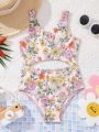 SHEIN Young Girl's Knitted Flower Print One-Piece Swimsuit For Vacation