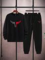 Men's Plus Size Bull Head Printed Round Neck Sweatshirt And Pants Two Pieces Set