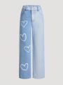 Tween Girls' Heart Printed Patchwork Straight Leg Jeans