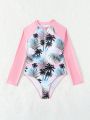 Teen Girls' Pink Palm Tree Print One-Piece Swimsuit With Patchwork Design