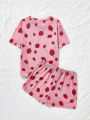 SHEIN Girls' Strawberry Pattern Knitted Short Sleeve Top And Shorts Pajama Lounge Set For Daily Wear