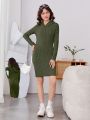 Teen Girls' Basic Casual Hooded Tight Bodycon Dress With Hollow Out Stripes
