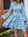 Women's Floral Printed Lantern Sleeve Belted Maxi Dress