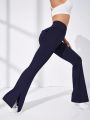 Wide Waistband Flap Pocket Split Hem Flare Leg Sports Pants