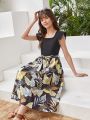 Teen Girl's Elegant Long Tropical Plant Printed Dress