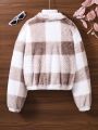 Teen Girl Buffalo Plaid Pattern Drop Shoulder Teddy Jacket Without Sweater