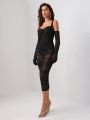 FURNANDA Ruched Mesh Bodycon Dress With Mesh Gloves