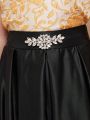 SHEIN Kids Nujoom Tween Girls' Solid Color Casual Diamond Decor Satin Elegant Midi Skirt