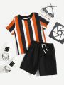 SHEIN Kids SPRTY Young Boy Color Block Striped Letter Printed Top Pure Color Shorts Casual Set