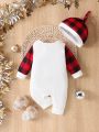SHEIN Baby Boy Christmas Outwear Set: Checked Spliced With Letter Print And Hat