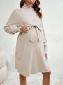 SHEIN High Neck Solid Color Maternity Dress With Attached Belt