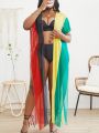 SHEIN Swim Vcay Plus Colorblock Split Thigh Mesh Kimono