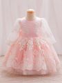 Kids' Embroidered Mesh Puff Sleeve A-line Dress For Formal Occasions