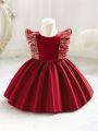 Baby Girl Contrast Sequin Ruffle Trim Bow Back Gown Dress