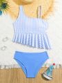 Tween Girls' Asymmetrical Ruffle Hem Striped Top And Briefs Tankini Swimsuit Set