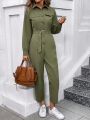 SHEIN LUNE Ladies' Solid Color Jumpsuit With Waist Belt Design, Long Sleeve