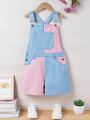 Girls' Casual Street Wear Loose Fit & Comfortable Denim Overall Shorts With Colorblocked Design