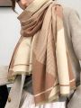 1pc Khaki Women Cashmere Feeling Color Block Long Shawl Scarf, Geometric Pattern Keep Warm Wool Fashion Scarf For Autumn Winter Daily Life Evening Dresses Travel Office Winter Wedding and gift