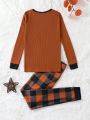 SHEIN Kids Nujoom Tween Boy Pocket Patched Tee & Plaid Print Pants PJ Set