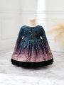 SHEIN Baby Girls' Romantic Elegant Imitation Pearl Gradient Starry Blue Long Sleeve Dress Formal Dress