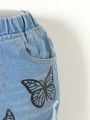 Toddler Girls' Butterfly Graffiti Prined Water Wash Soft Distressed Denim Shorts