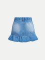 SHEIN Young Girls'  Spring Summer Boho Cute Ruffle Skirt,High Waist Elastic Waistband Comfortable And Soft Denim Skirt With Ruffled Hem