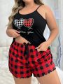 Plus Size Love You & Letter Printed Cami Top And Gingham Shorts Pajama Set