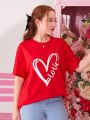 SHEIN Teen Girls' Knitted Heart Pattern Casual Short Sleeve T-Shirt