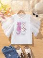 SHEIN Kids CHARMNG Tween Girls' Round Neck Lace Patchwork Ruffle Sleeve Cat Patch T-Shirt With Sequins Embellishment