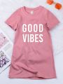 Little Girls' Casual Short Sleeve Dress With Letter Print