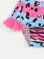 SHEIN Baby Girl Casual Summer Letter Printed Vest & Color Block Ultra Short Swim Trunks Set