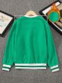 SHEIN Tween Boy Letter Embroidery Striped Trim Thermal Lined Pullover