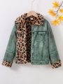 Girls' Casual Shirt Collar Printed Denim Leopard Jacket, Medium Thickness