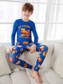 SHEIN Young Boys' Slim-fit Casual Hamburger & Letter Printed T-shirt And Long Pants Home Outfit, 2pcs/set